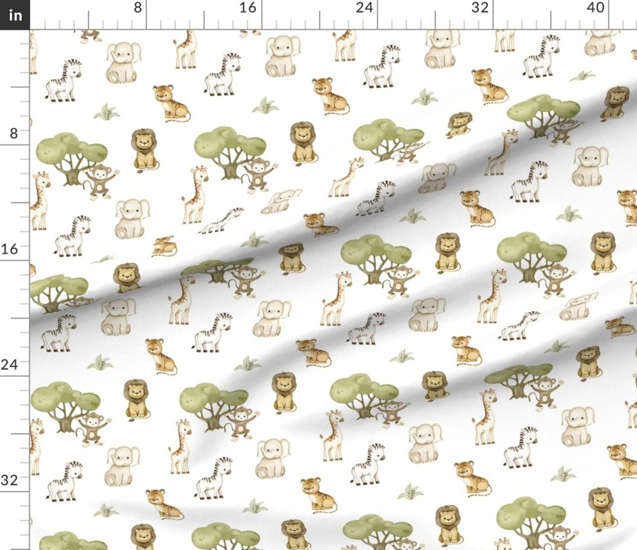 Safari Animal Baby Animals Watercolor Whimsical Fun Sweet Cute Happy Cheerful Lion Zebra Monkey Giraffe Neutral Nursery Elephant Tiger Custom Printed Fabric by Spoonflower Various Fabrics by the Yard or Fat Quarter